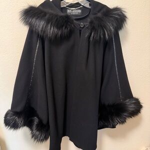 St. John by Marie Cray Elegant Black Fur-Accented Poncho